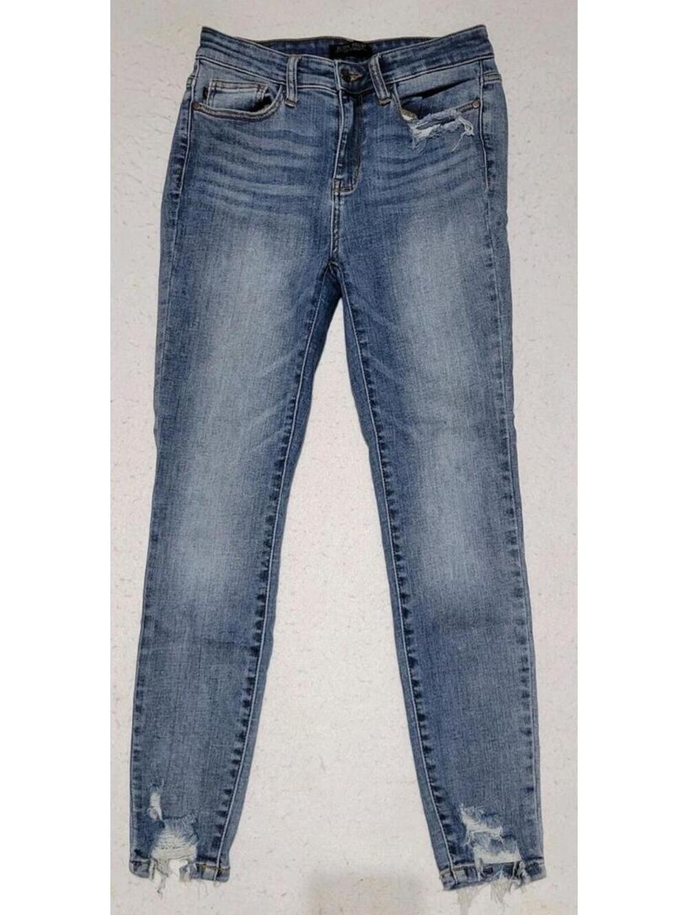 Judy Blue Skinny Fit Distressed Medium Blue Denim Jeans Button 5-Pocket sz 5/27